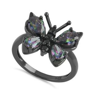 Sterling Silver Black Rhodium Large Rainbow Peacock CZ Butterfly Ring New